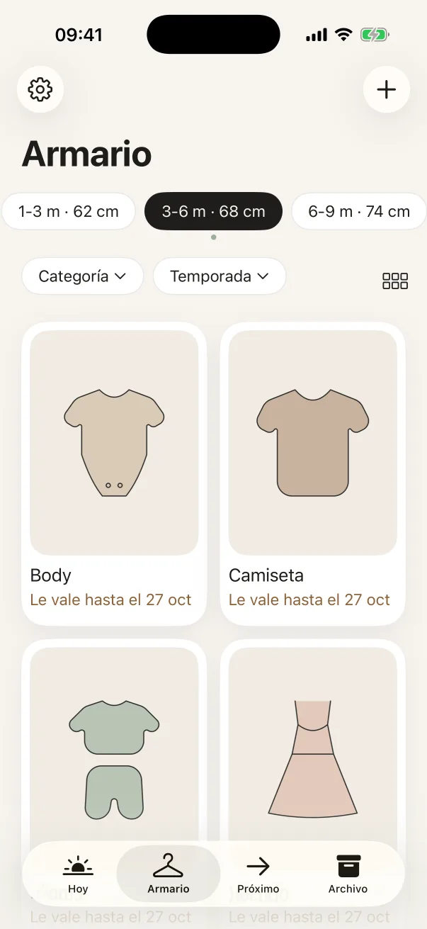 Pantalla Armario de la app, con la ropa ordenada por tallas